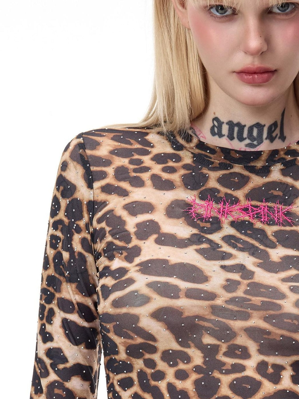 PINKSPINK Sheer Leopard Rhinestone Thorn Embroidered Women's Long Sleeve T-shirts