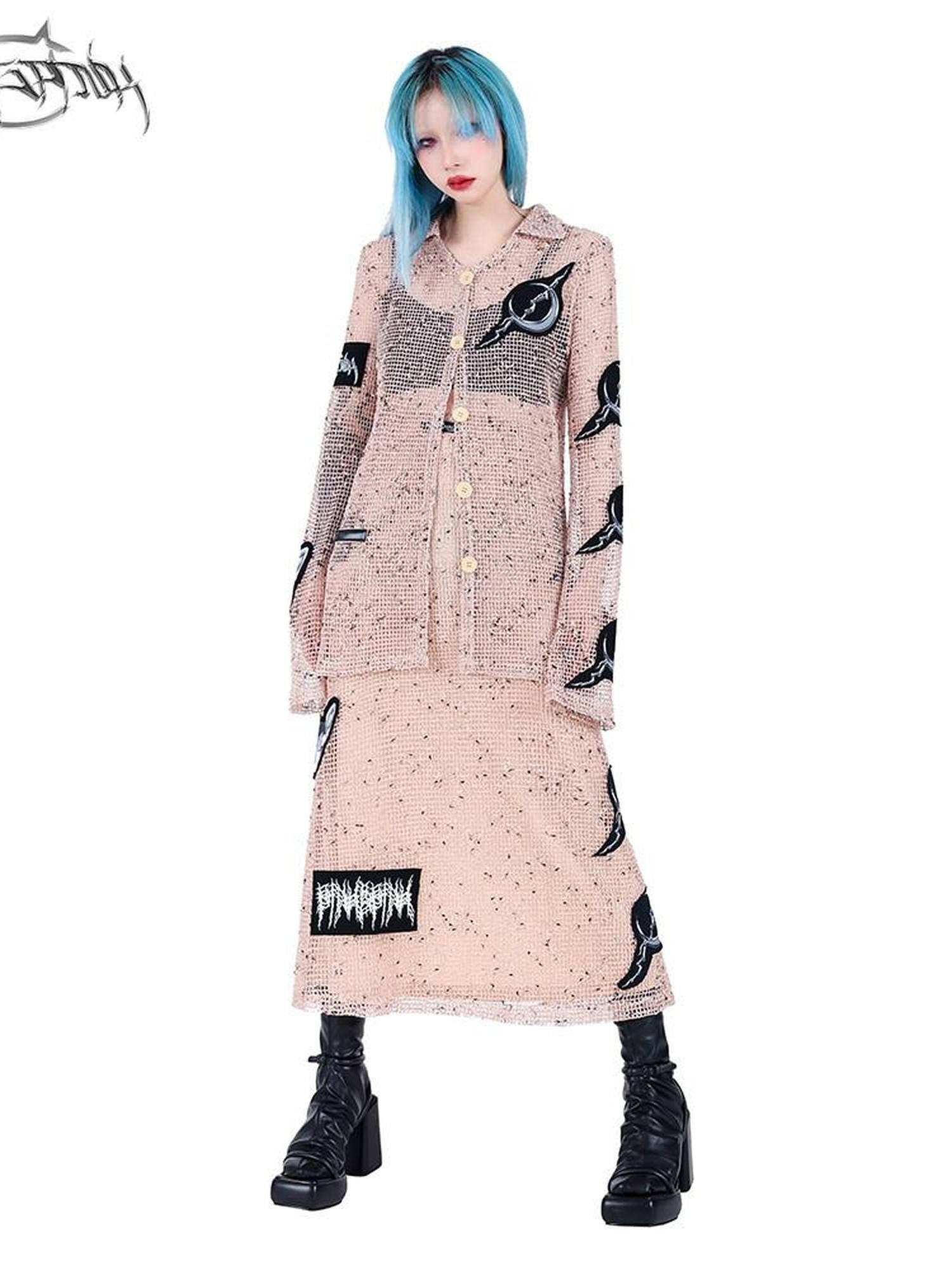 PINKSPINK Sheer Mesh Applique Embroidered Punk Print Women's Cotton Cardigans