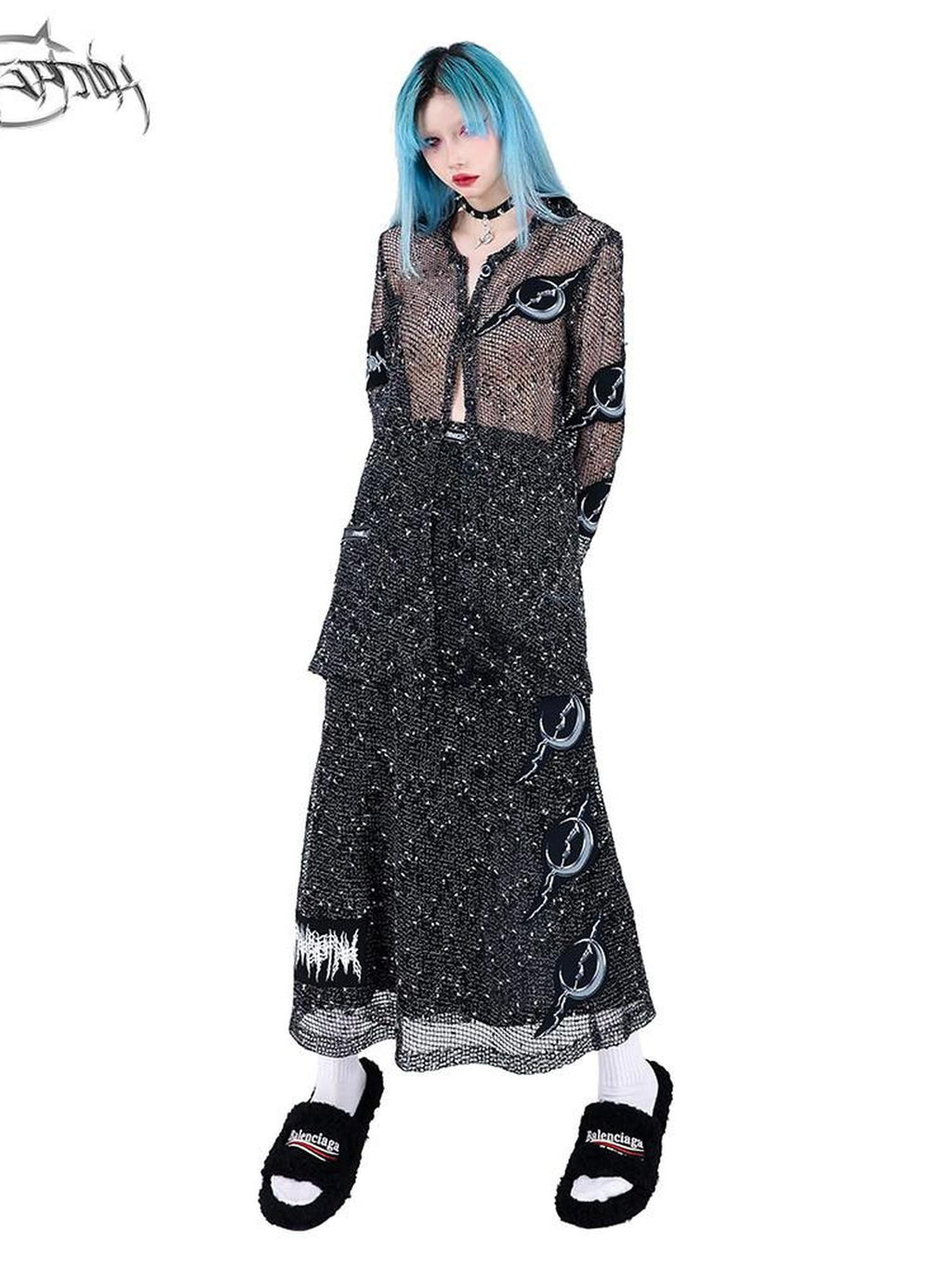 PINKSPINK Sheer Mesh Applique Embroidered Punk Print Women's Cotton Cardigans