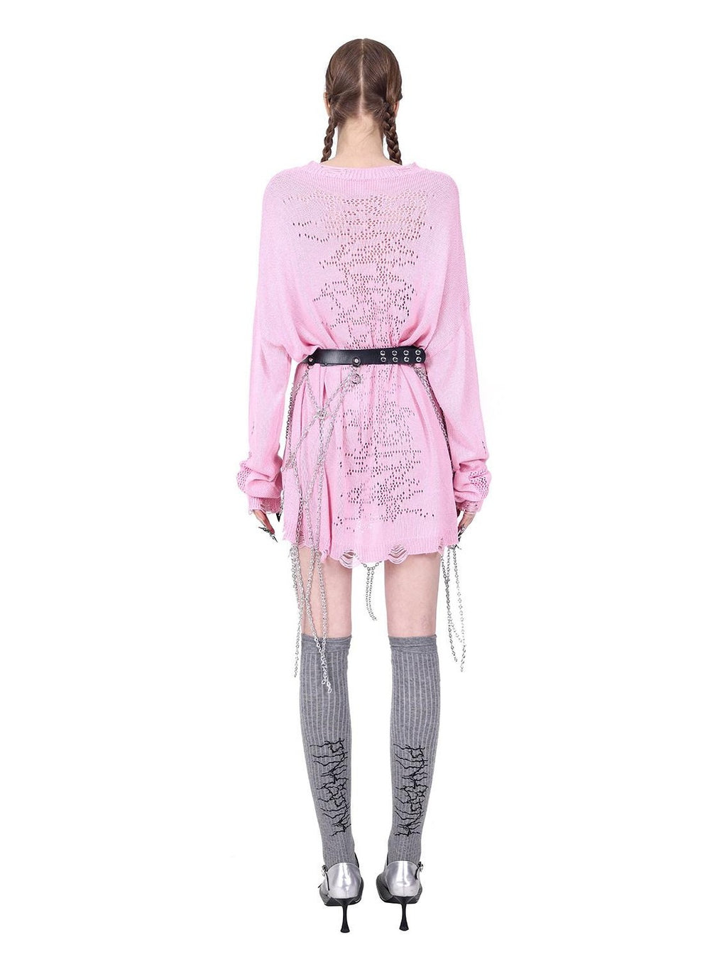 PINKSPINK Sheer Mesh Cutout Hand Distressed Women's Acrylic Blend Long Sleeve T-shirts