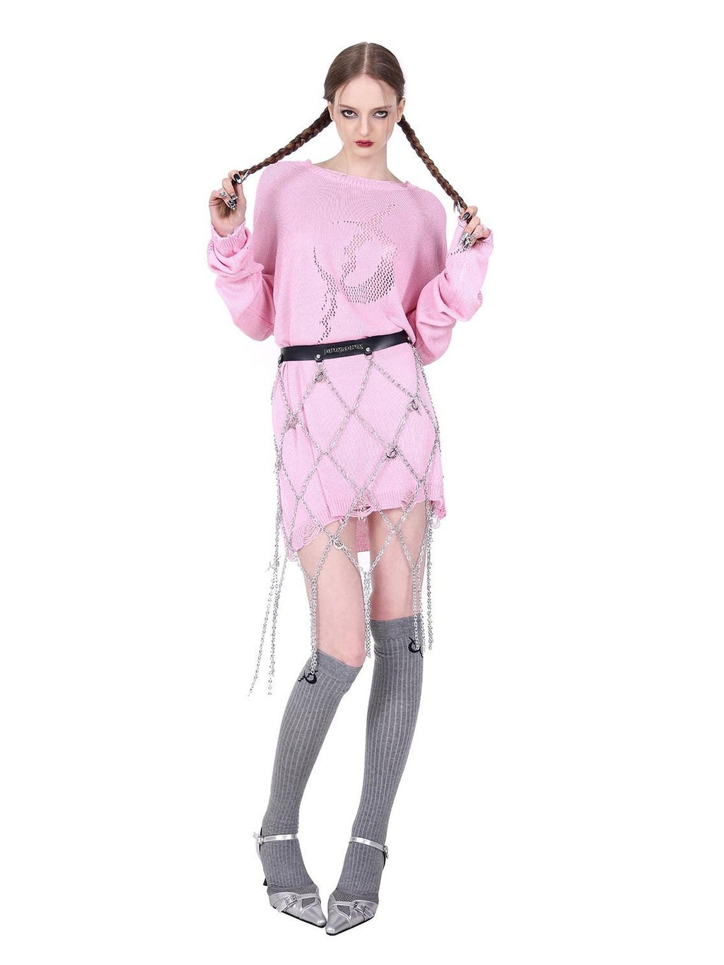 PINKSPINK Sheer Mesh Cutout Hand Distressed Women's Acrylic Blend Long Sleeve T-shirts