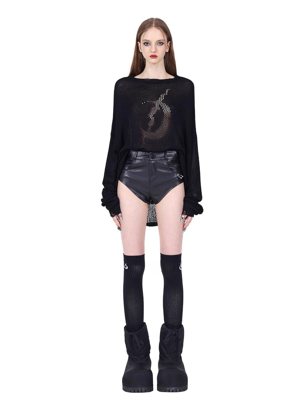 PINKSPINK Sheer Mesh Cutout Hand Distressed Women's Acrylic Blend Long Sleeve T-shirts