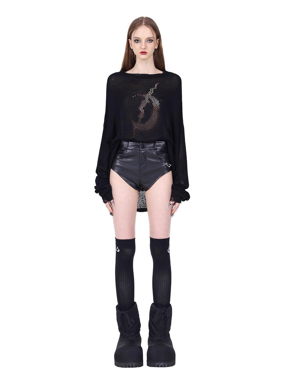 PINKSPINK Sheer Mesh Cutout Hand Distressed Women's Acrylic Blend Long Sleeve T-shirts