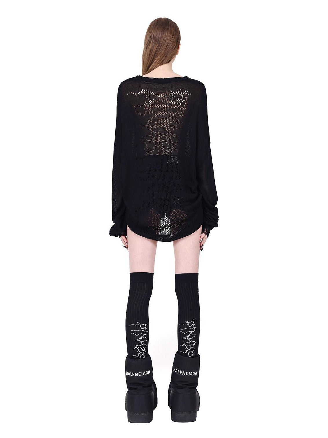 PINKSPINK Sheer Mesh Cutout Hand Distressed Women's Acrylic Blend Long Sleeve T-shirts