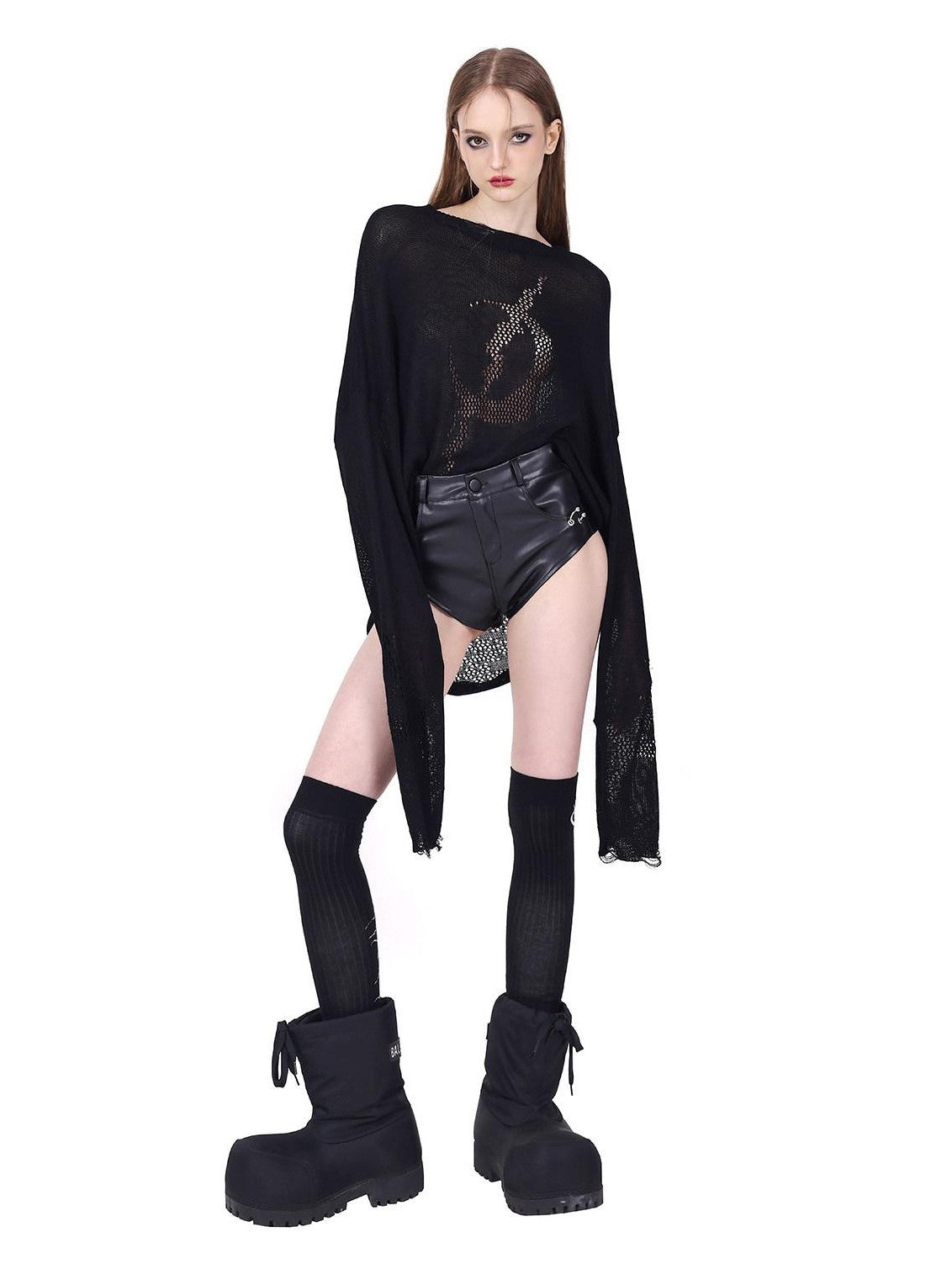 PINKSPINK Sheer Mesh Cutout Hand Distressed Women's Acrylic Blend Long Sleeve T-shirts