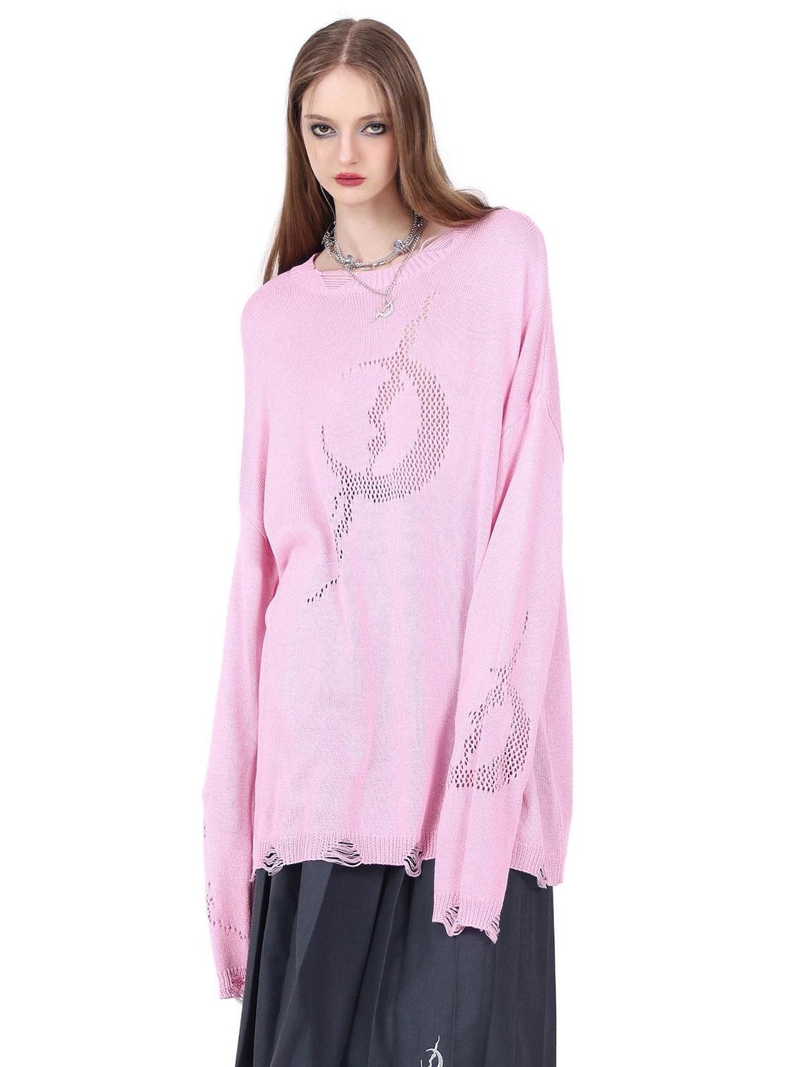 PINKSPINK Sheer Mesh Cutout Hand Distressed Women's Acrylic Blend Long Sleeve T-shirts
