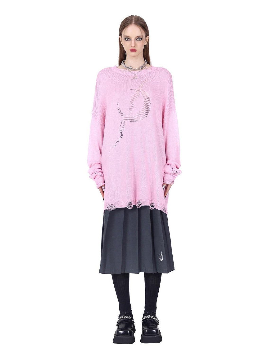 PINKSPINK Sheer Mesh Cutout Hand Distressed Women's Acrylic Blend Long Sleeve T-shirts