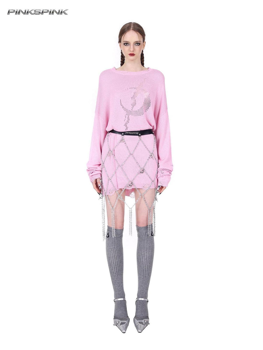 PINKSPINK Sheer Mesh Cutout Hand Distressed Women's Acrylic Blend Long Sleeve T-shirts