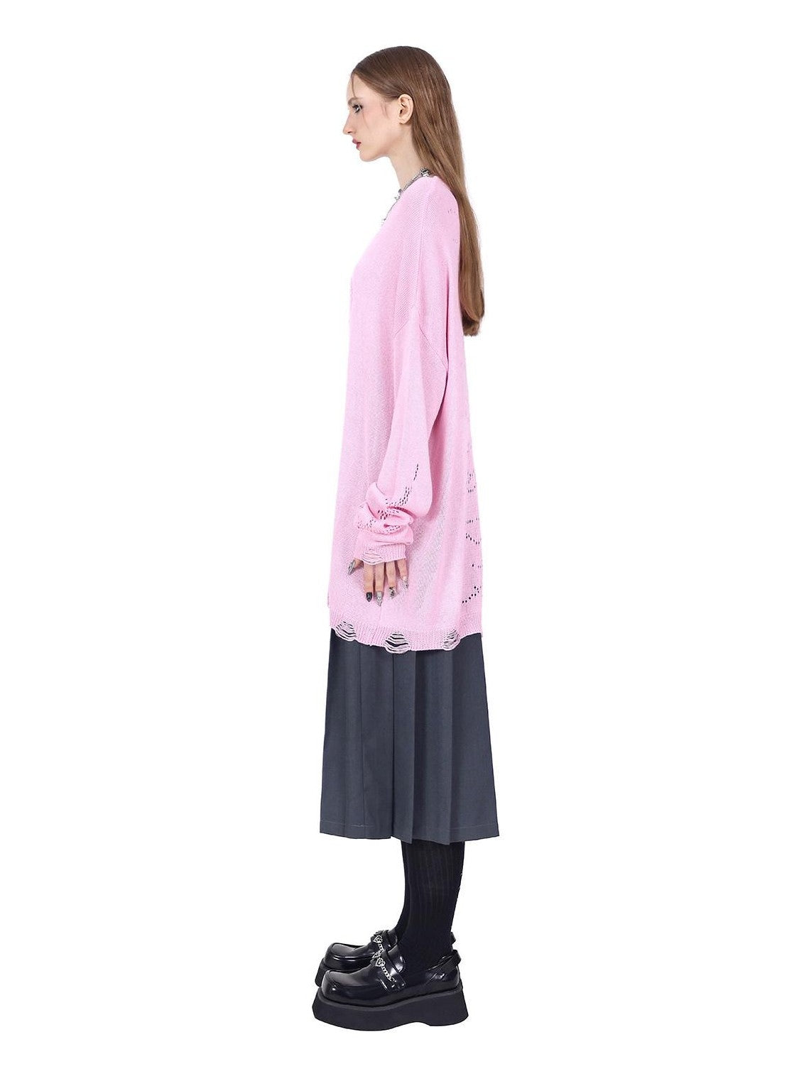 PINKSPINK Sheer Mesh Cutout Hand Distressed Women's Acrylic Blend Long Sleeve T-shirts