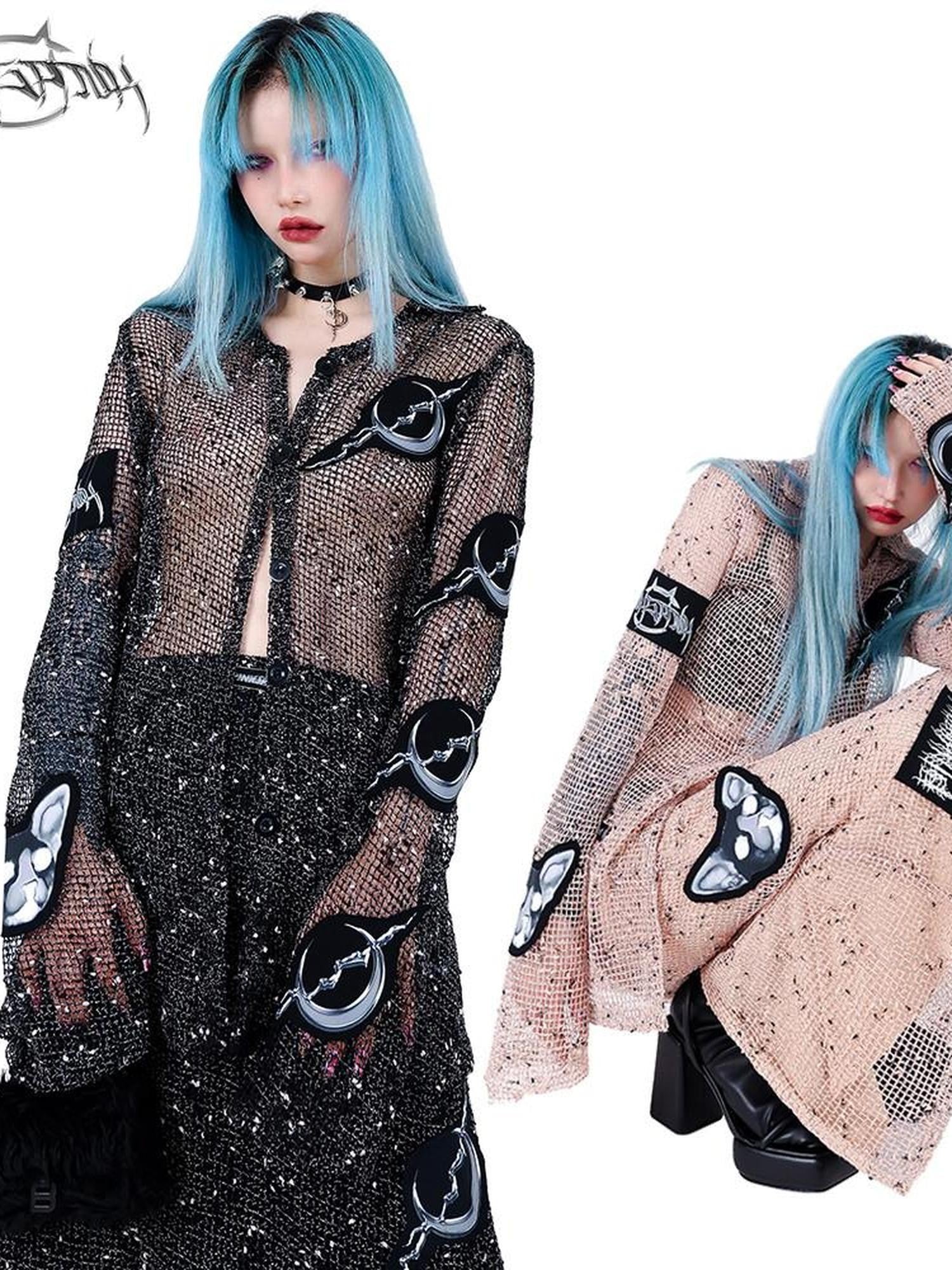 PINKSPINK Sheer Mesh Patch Applique Embroidery Printed Punk Women's Cotton Cardigans