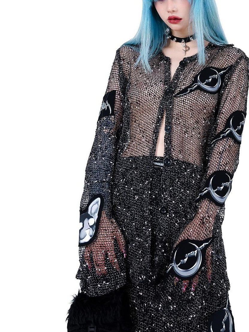 PINKSPINK Sheer Mesh Patch Applique Embroidery Printed Punk Women's Cotton Cardigans