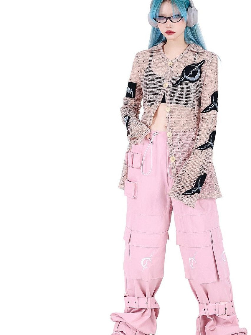 PINKSPINK Sheer Mesh Patch Applique Embroidery Printed Punk Women's Cotton Cardigans