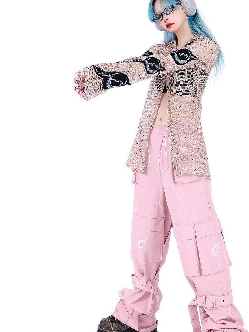 PINKSPINK Sheer Mesh Patch Applique Embroidery Printed Punk Women's Cotton Cardigans
