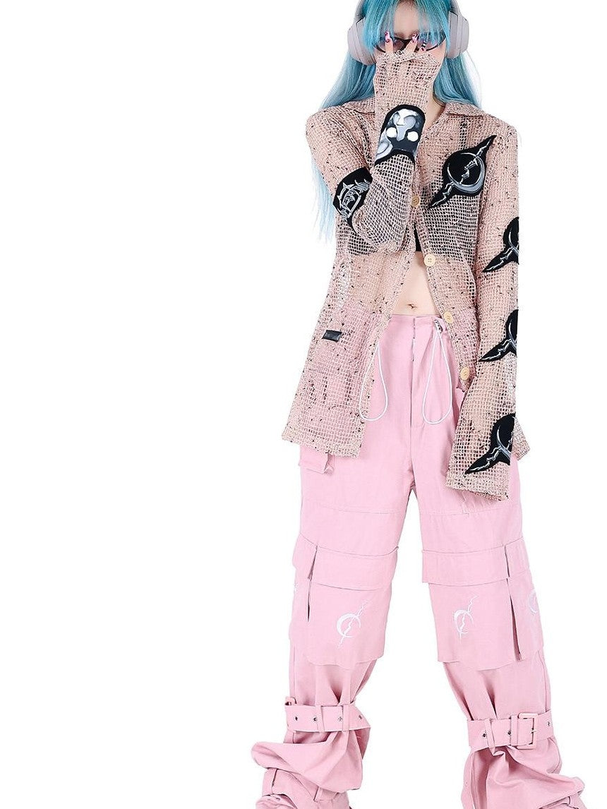 PINKSPINK Sheer Mesh Patch Applique Embroidery Printed Punk Women's Cotton Cardigans