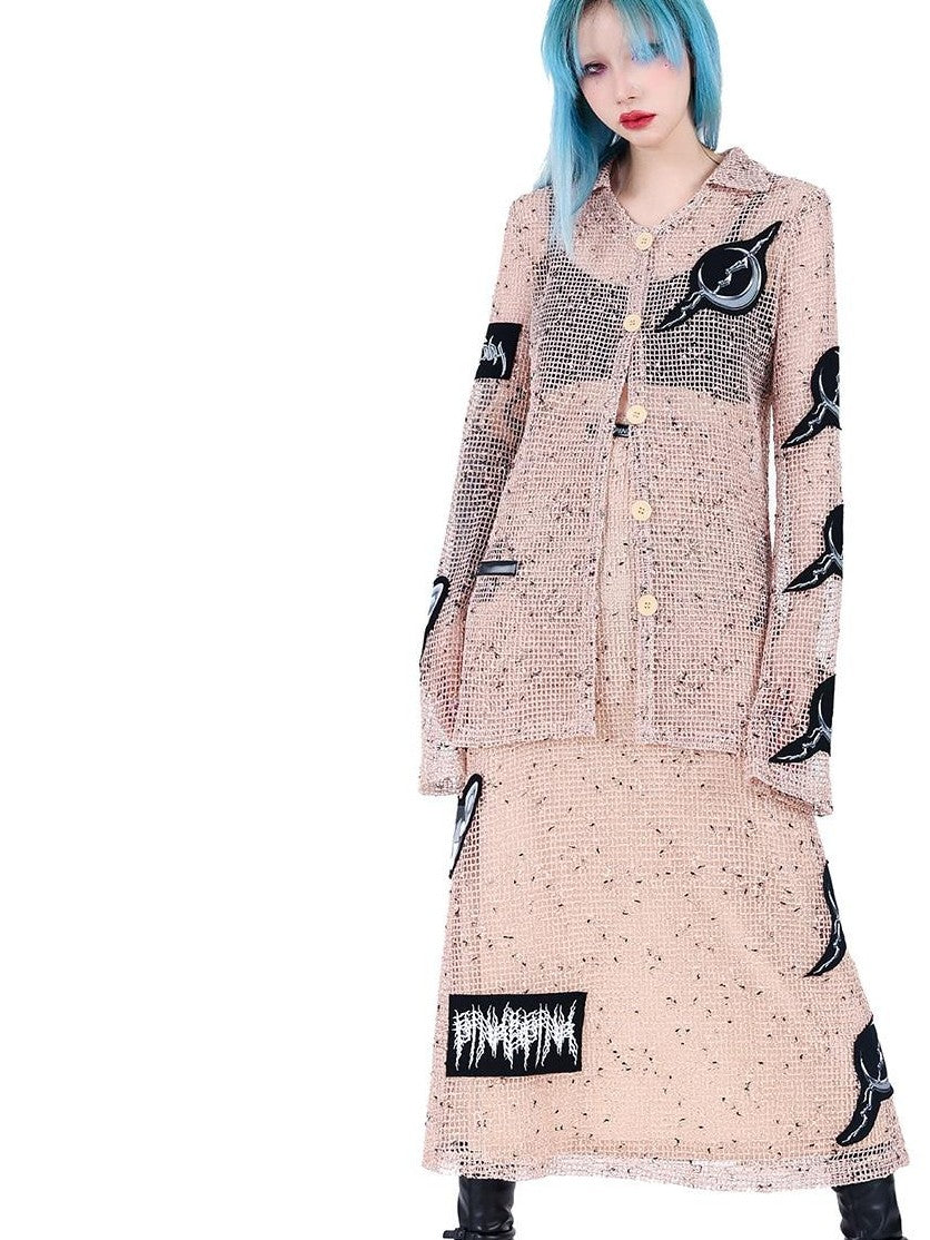 PINKSPINK Sheer Mesh Patch Applique Embroidery Printed Punk Women's Cotton Cardigans