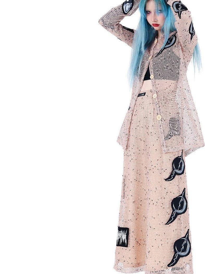 PINKSPINK Sheer Mesh Patch Applique Embroidery Printed Punk Women's Cotton Cardigans