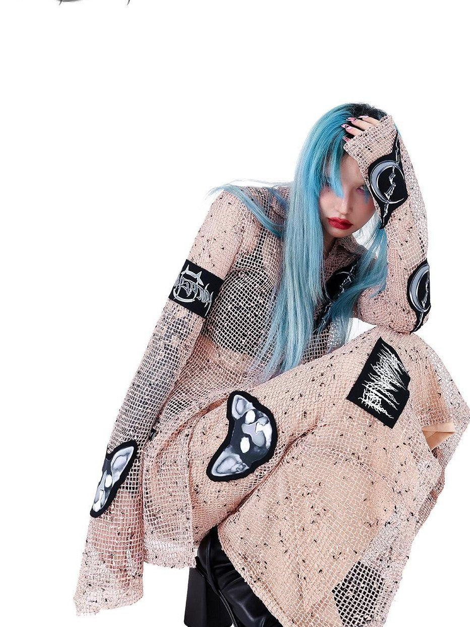 PINKSPINK Sheer Mesh Patch Applique Embroidery Printed Punk Women's Cotton Cardigans