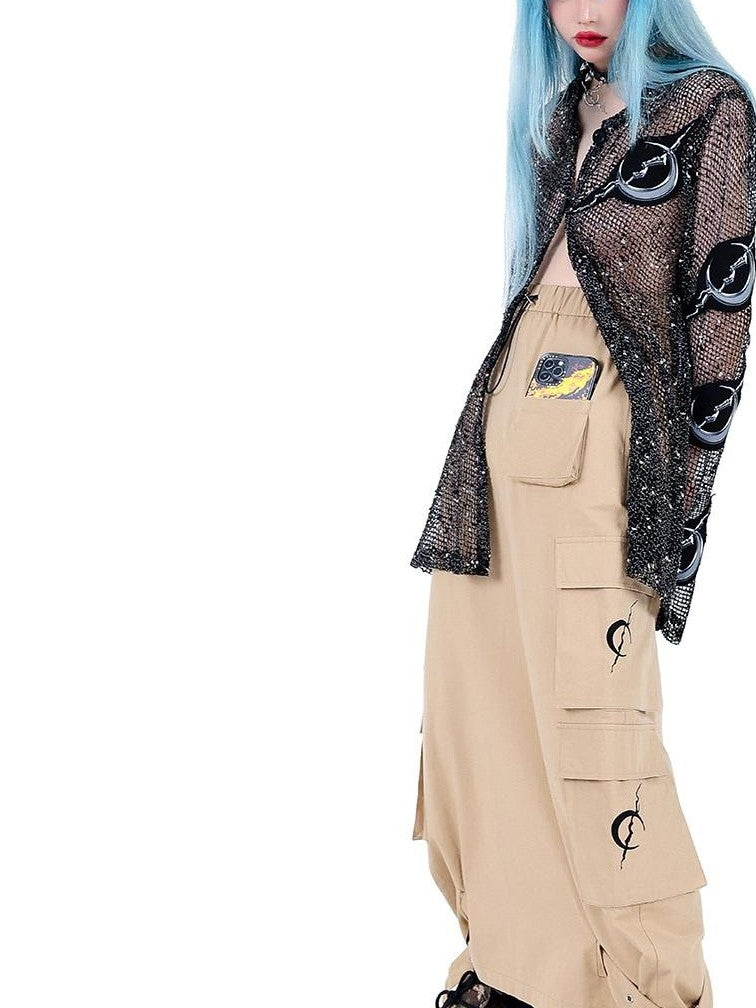PINKSPINK Sheer Mesh Patch Applique Embroidery Printed Punk Women's Cotton Cardigans