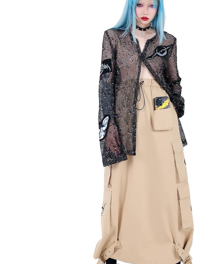 PINKSPINK Sheer Mesh Patch Applique Embroidery Printed Punk Women's Cotton Cardigans