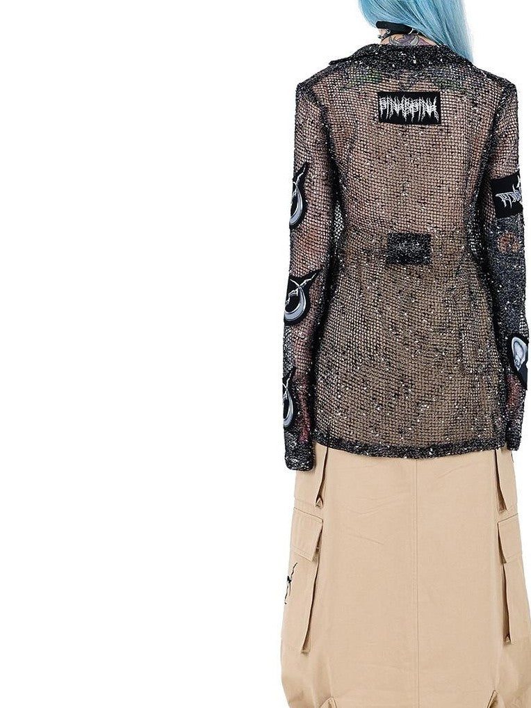 PINKSPINK Sheer Mesh Patch Applique Embroidery Printed Punk Women's Cotton Cardigans