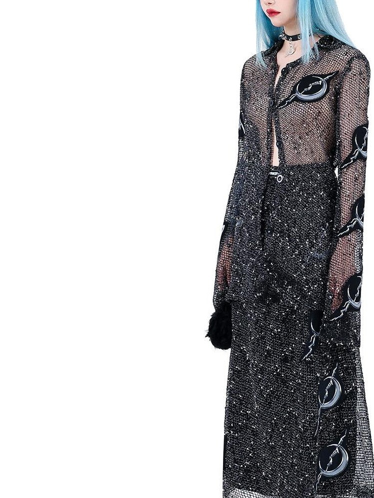 PINKSPINK Sheer Mesh Patch Applique Embroidery Printed Punk Women's Cotton Cardigans