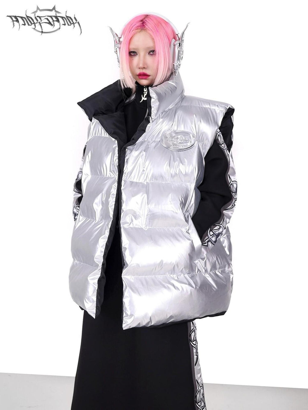 PINKSPINK Silver Black Reversible Y2k Shape High Collar Women's Sleeveless Puffer Jackets