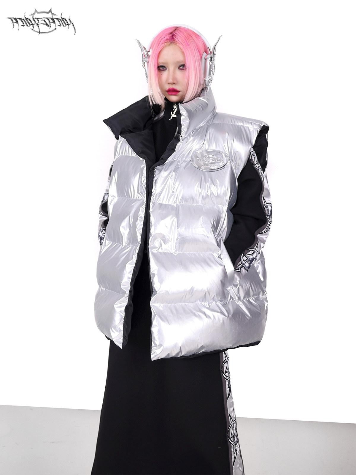 PINKSPINK Silver Black Reversible Y2k Shape High Collar Women's Sleeveless Puffer Jackets