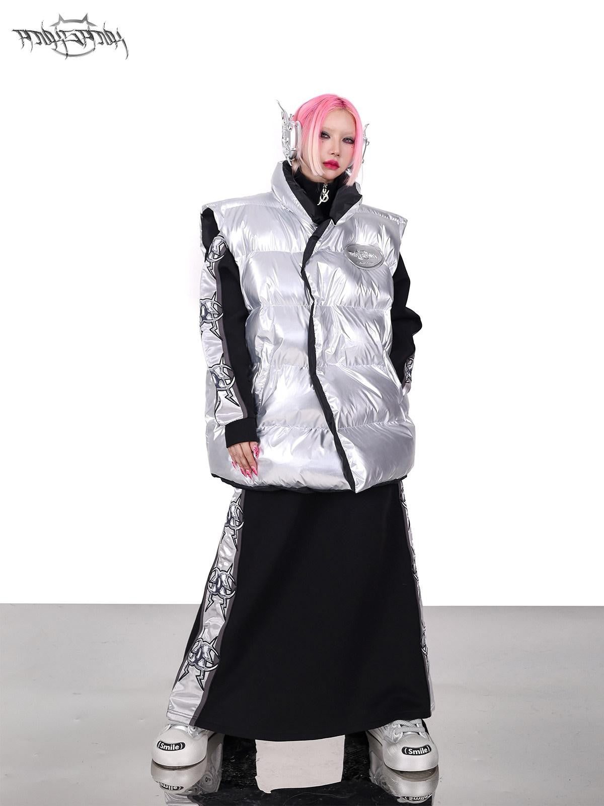 PINKSPINK Silver Black Reversible Y2k Shape High Collar Women's Sleeveless Puffer Jackets