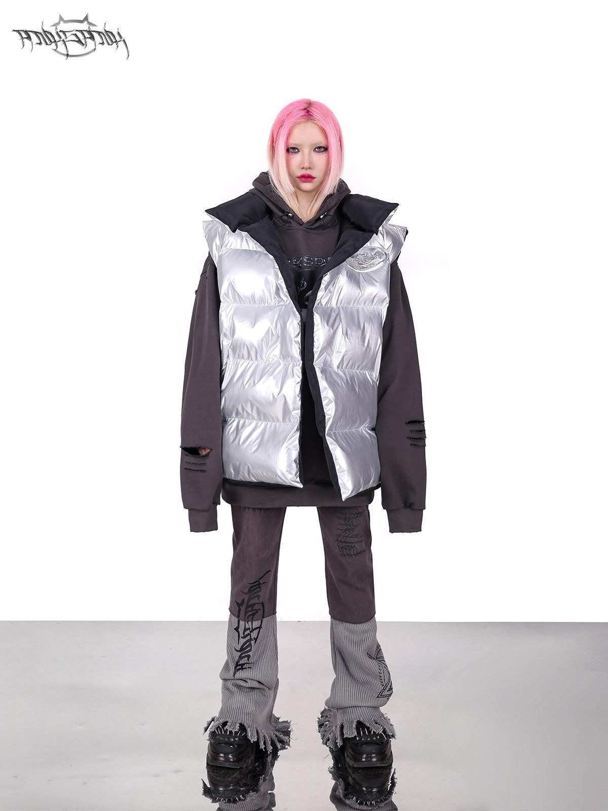 PINKSPINK Silver Black Reversible Y2k Shape High Collar Women's Sleeveless Puffer Jackets