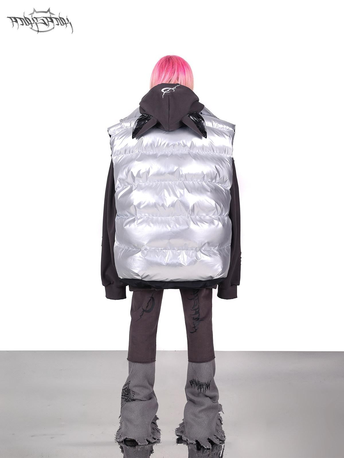 PINKSPINK Silver Black Reversible Y2k Shape High Collar Women's Sleeveless Puffer Jackets