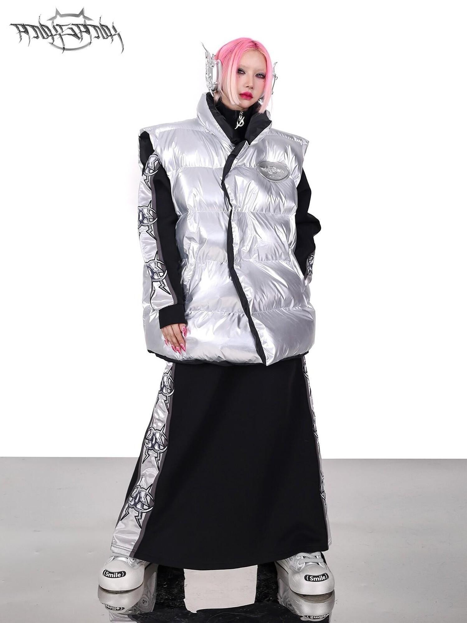 PINKSPINK Silver Black Reversible Y2k Shape High Collar Women's Sleeveless Puffer Jackets