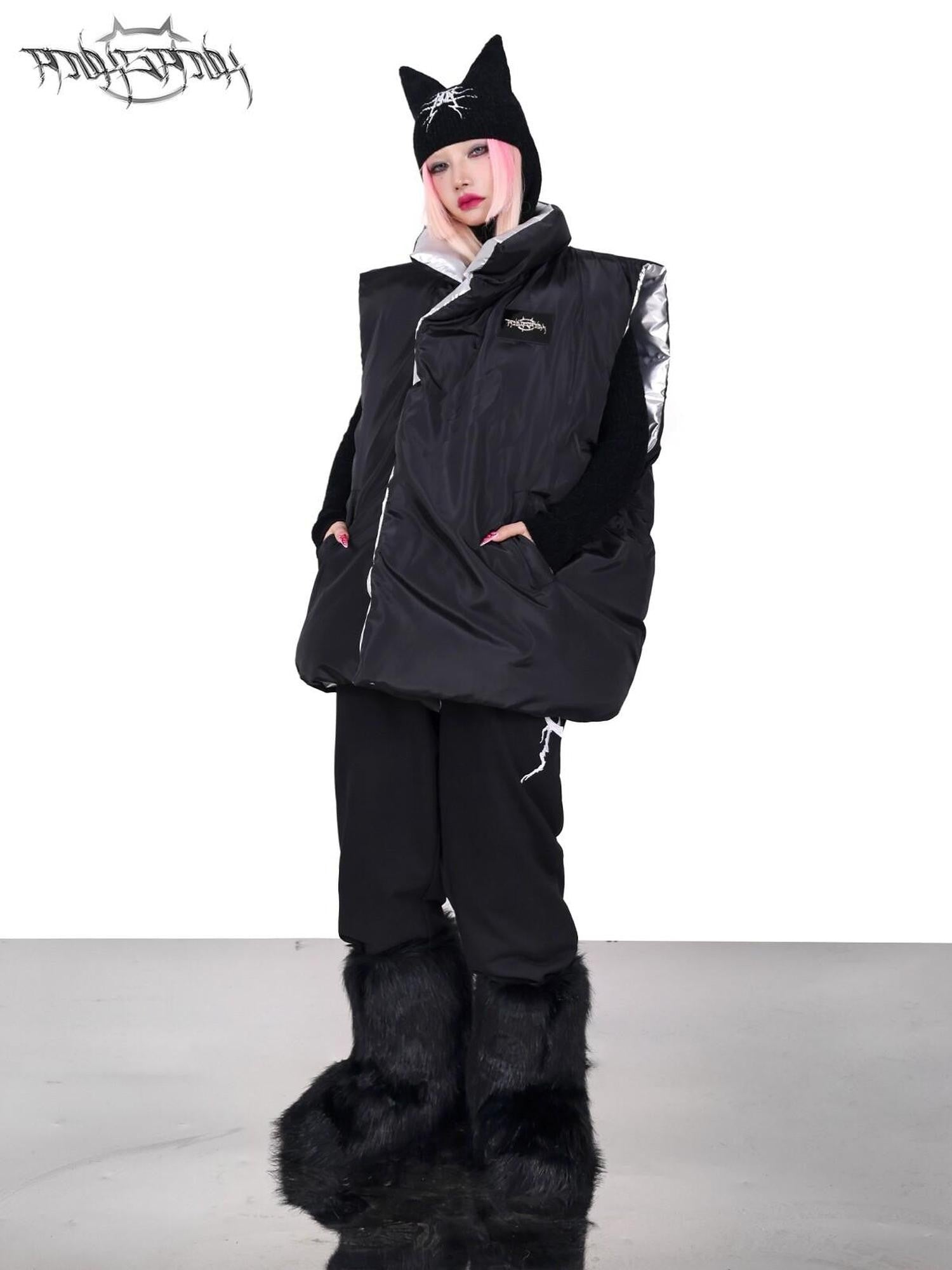 PINKSPINK Silver Black Reversible Y2k Shape High Collar Women's Sleeveless Puffer Jackets