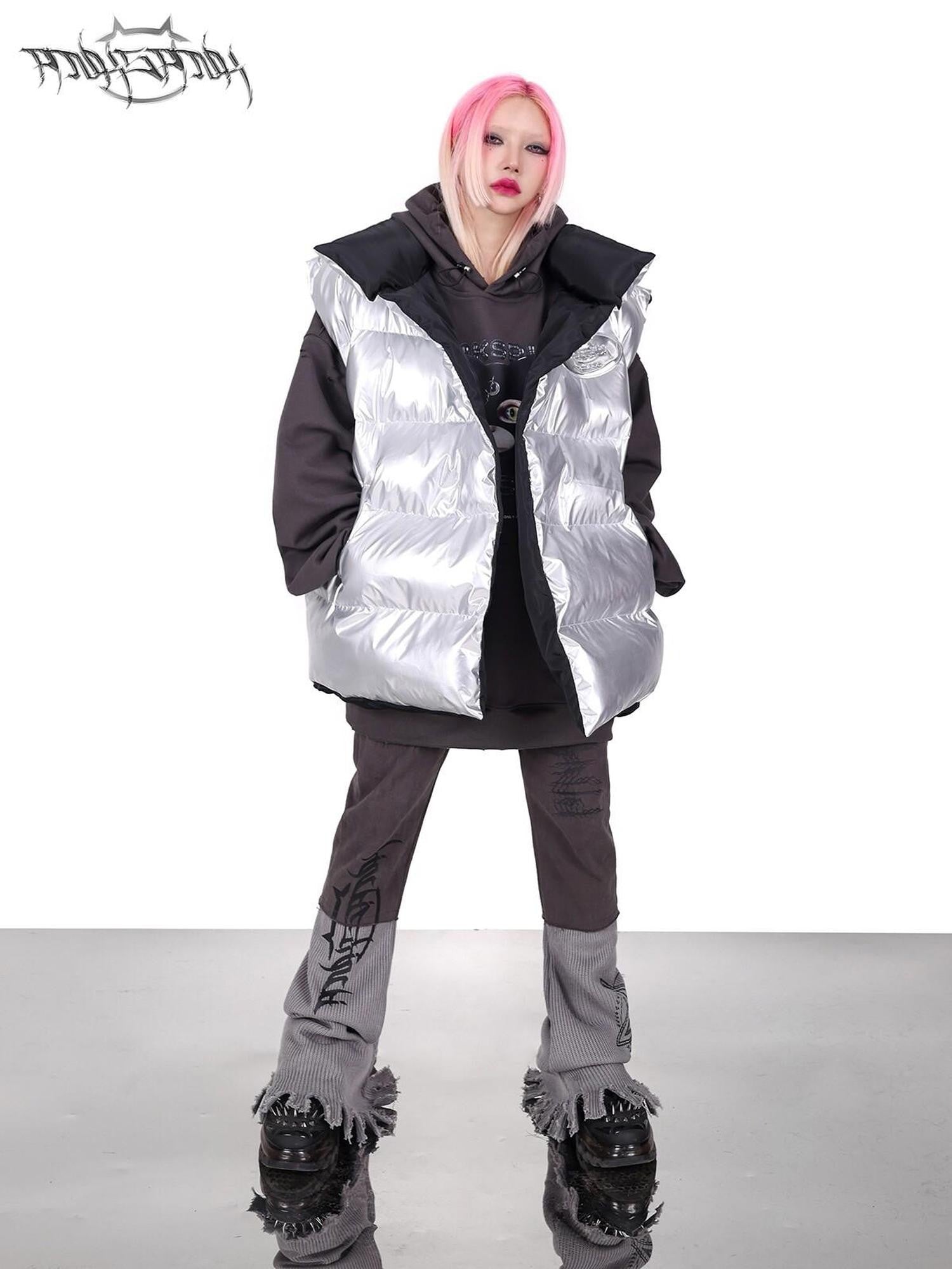 PINKSPINK Silver Black Reversible Y2k Shape High Collar Women's Sleeveless Puffer Jackets