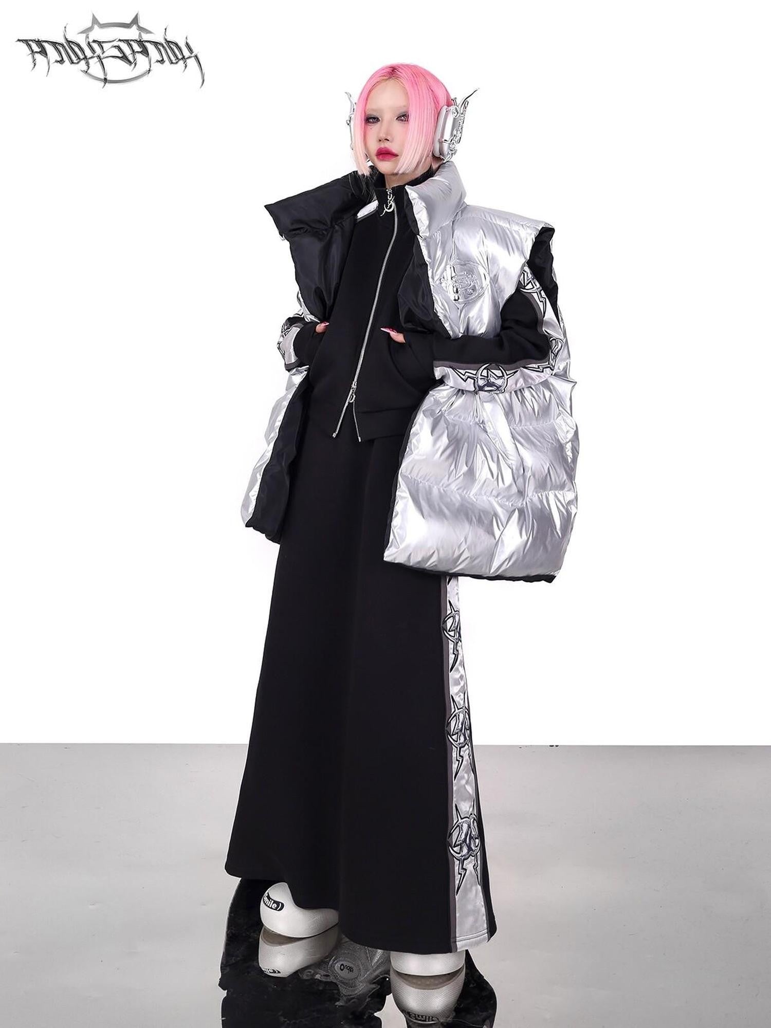 PINKSPINK Silver Black Reversible Y2k Shape High Collar Women's Sleeveless Puffer Jackets