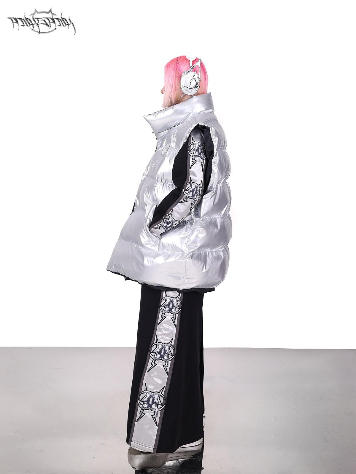 PINKSPINK Silver Black Reversible Y2k Shape High Collar Women's Sleeveless Puffer Jackets