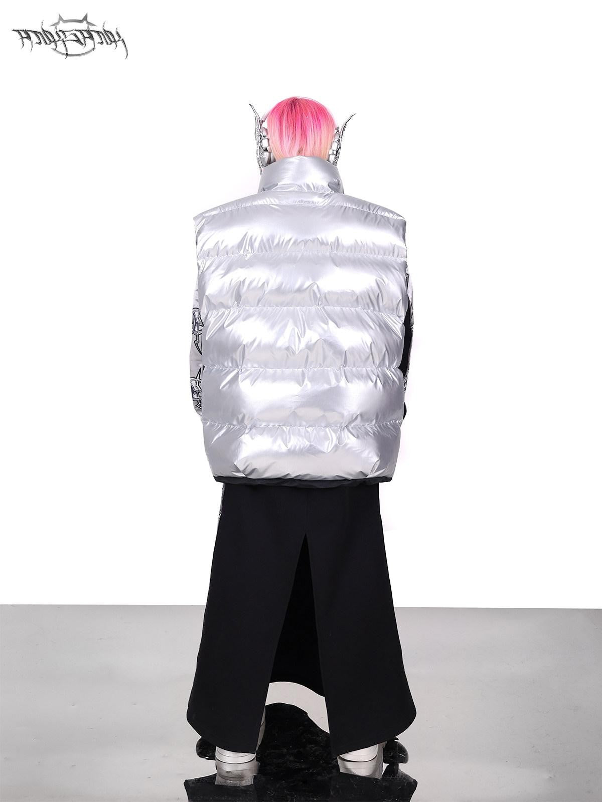 PINKSPINK Silver Black Reversible Y2k Shape High Collar Women's Sleeveless Puffer Jackets