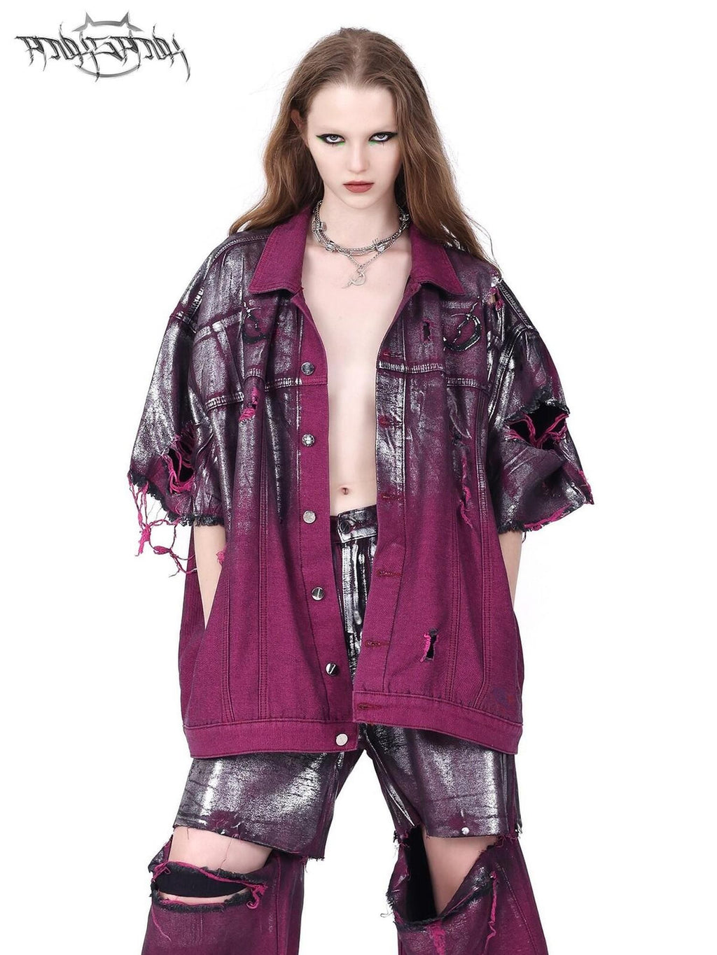 PINKSPINK Silver Coated Wasteland Pink Paint Splatter Distressed Women's Denim Jackets