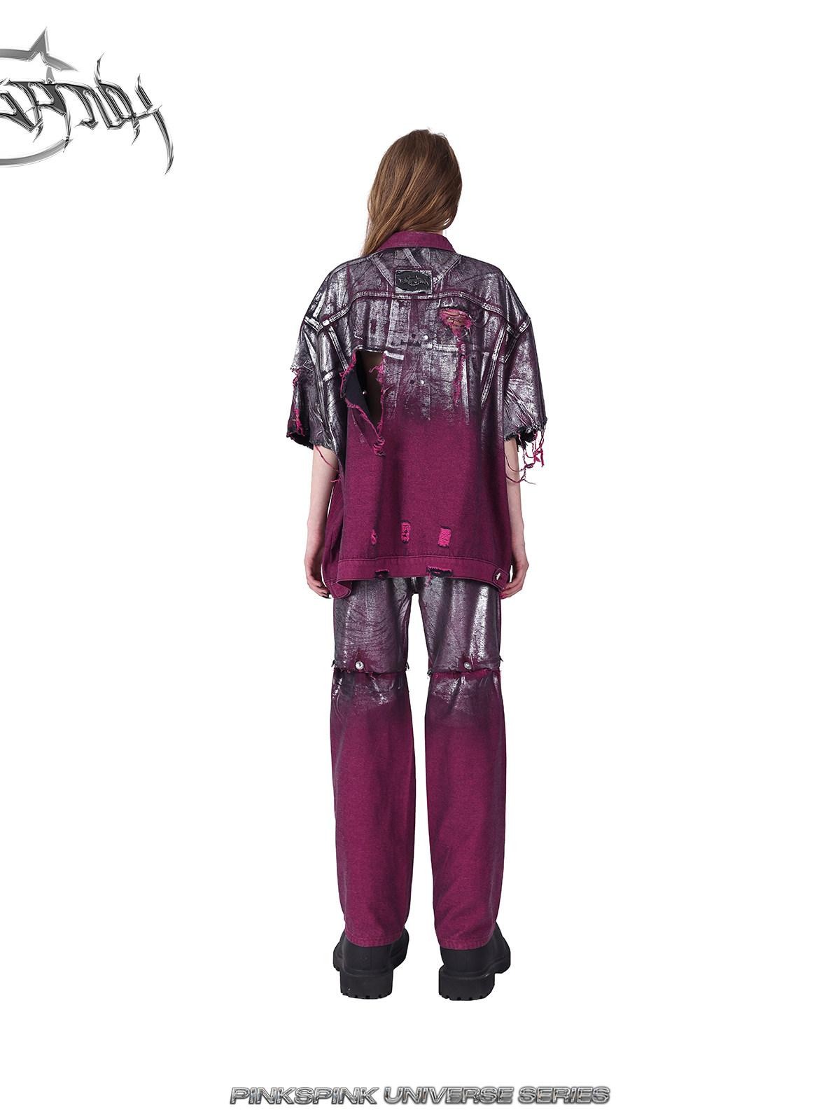 PINKSPINK Silver Coated Wasteland Pink Paint Splatter Distressed Women's Denim Jackets