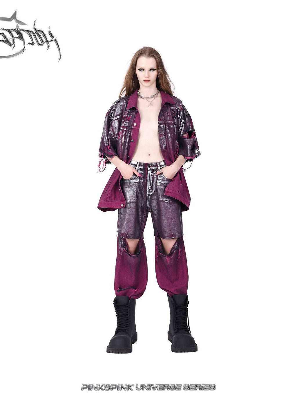 PINKSPINK Silver Coated Wasteland Pink Paint Splatter Distressed Women's Denim Jackets
