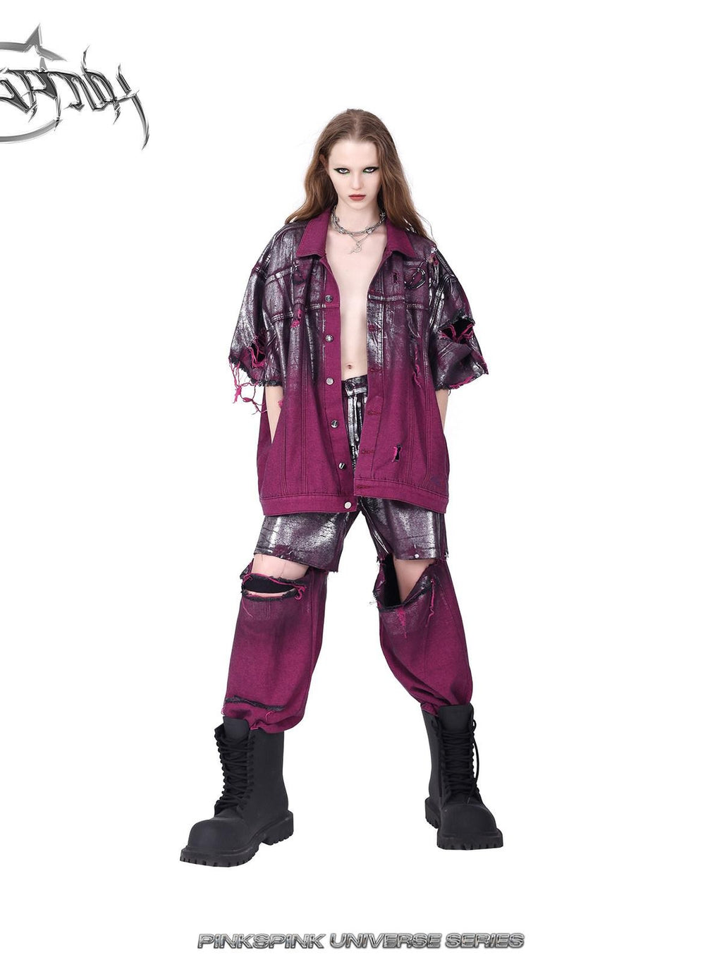 PINKSPINK Silver Coated Wasteland Pink Paint Splatter Distressed Women's Denim Jackets