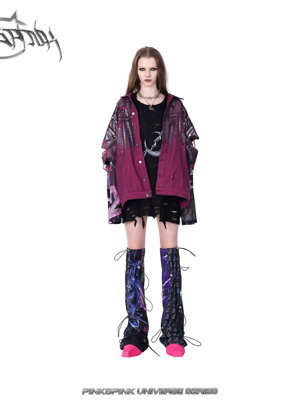 PINKSPINK Silver Coated Wasteland Pink Paint Splatter Distressed Women's Denim Jackets