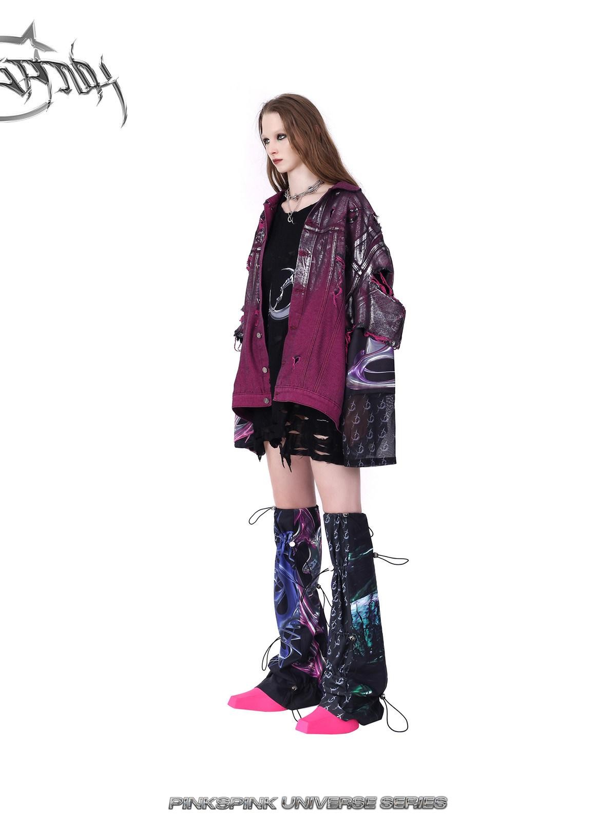PINKSPINK Silver Coated Wasteland Pink Paint Splatter Distressed Women's Denim Jackets