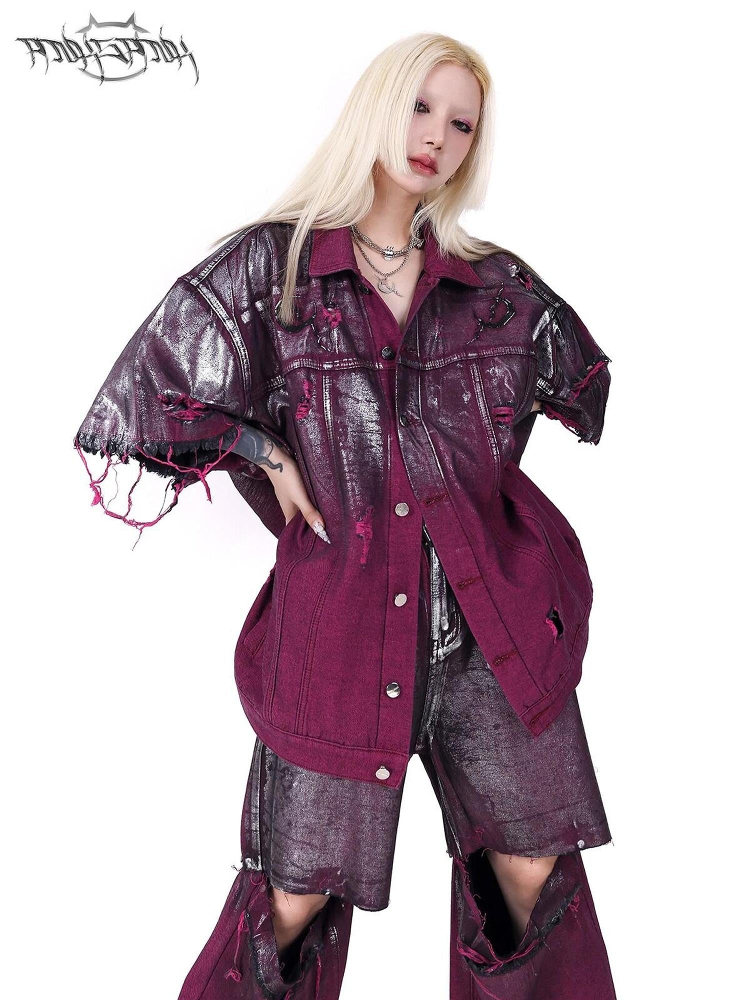 PINKSPINK Silver Coated Wasteland Pink Paint Splatter Distressed Women's Denim Jackets