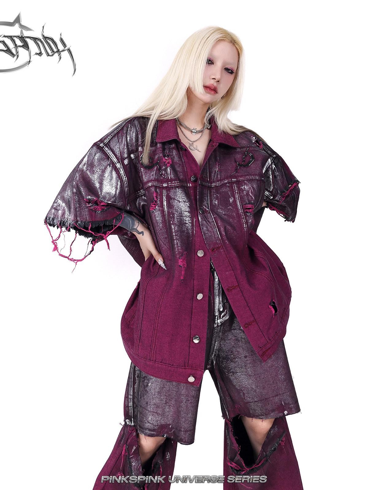 PINKSPINK Silver Coated Wasteland Pink Paint Splatter Distressed Women's Denim Jackets