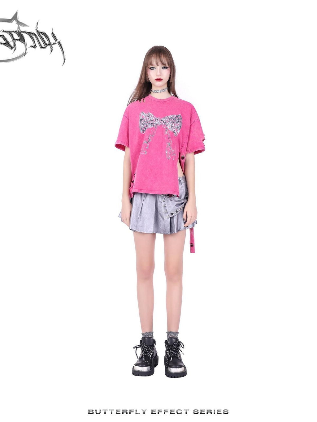 PINKSPINK Silver Metallic Studded Bow Pleated Mid Waist Punk Women's Cotton Mini Skirts