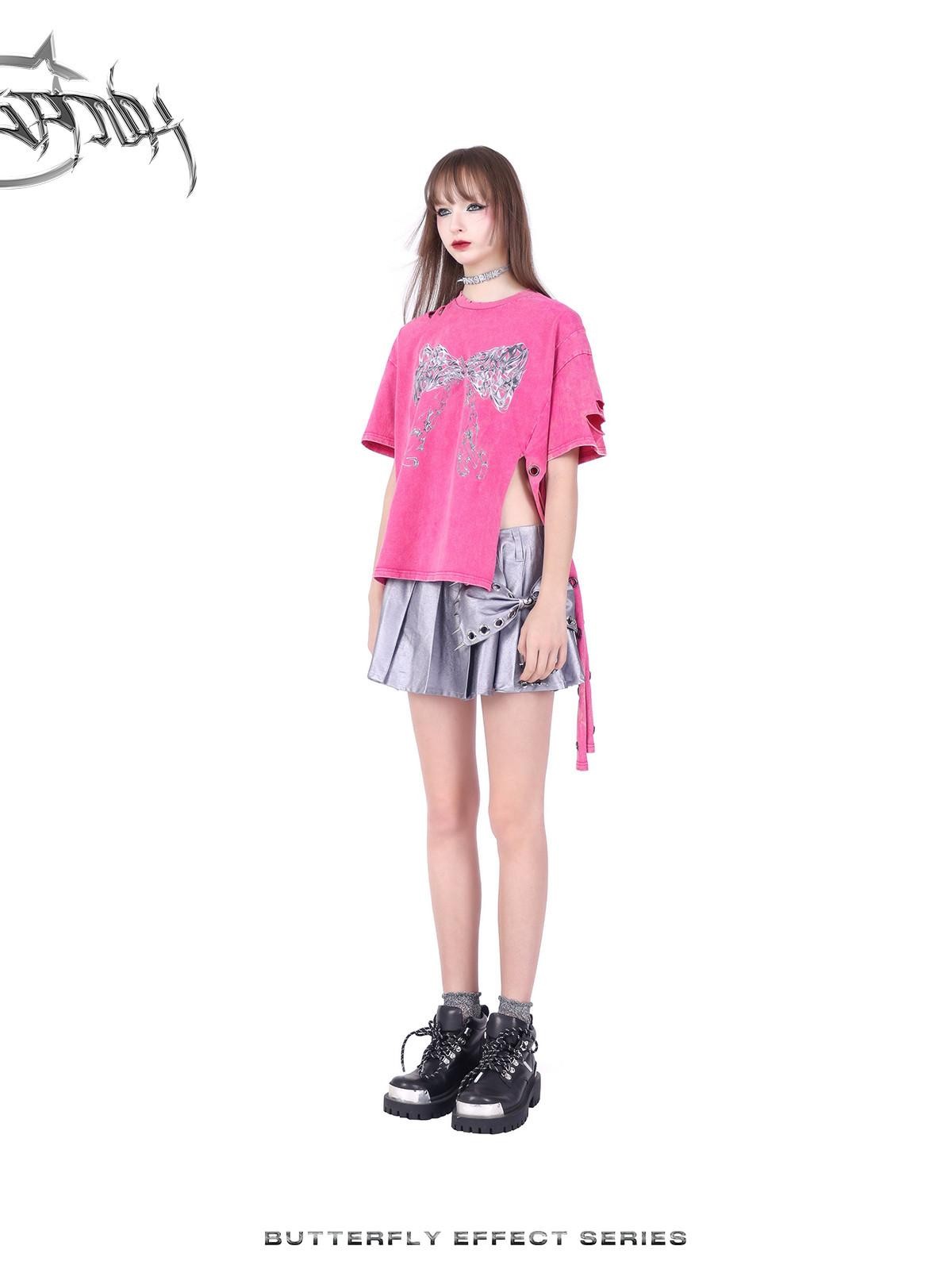 PINKSPINK Silver Metallic Studded Bow Pleated Mid Waist Punk Women's Cotton Mini Skirts