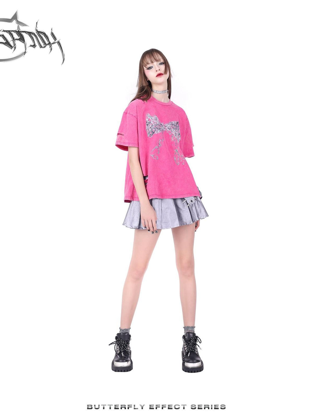 PINKSPINK Silver Metallic Studded Bow Pleated Mid Waist Punk Women's Cotton Mini Skirts