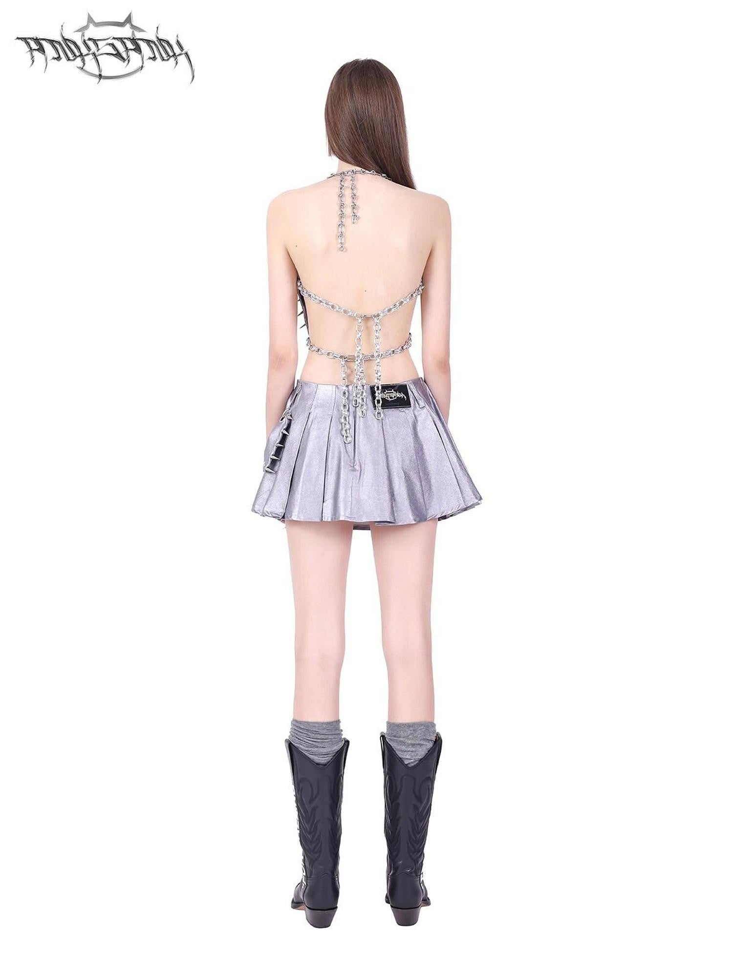 PINKSPINK Silver Metallic Studded Bow Pleated Mid Waist Punk Women's Cotton Mini Skirts