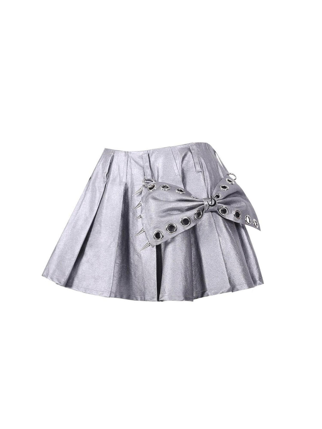 PINKSPINK Silver Metallic Studded Bow Pleated Mid Waist Punk Women's Cotton Mini Skirts