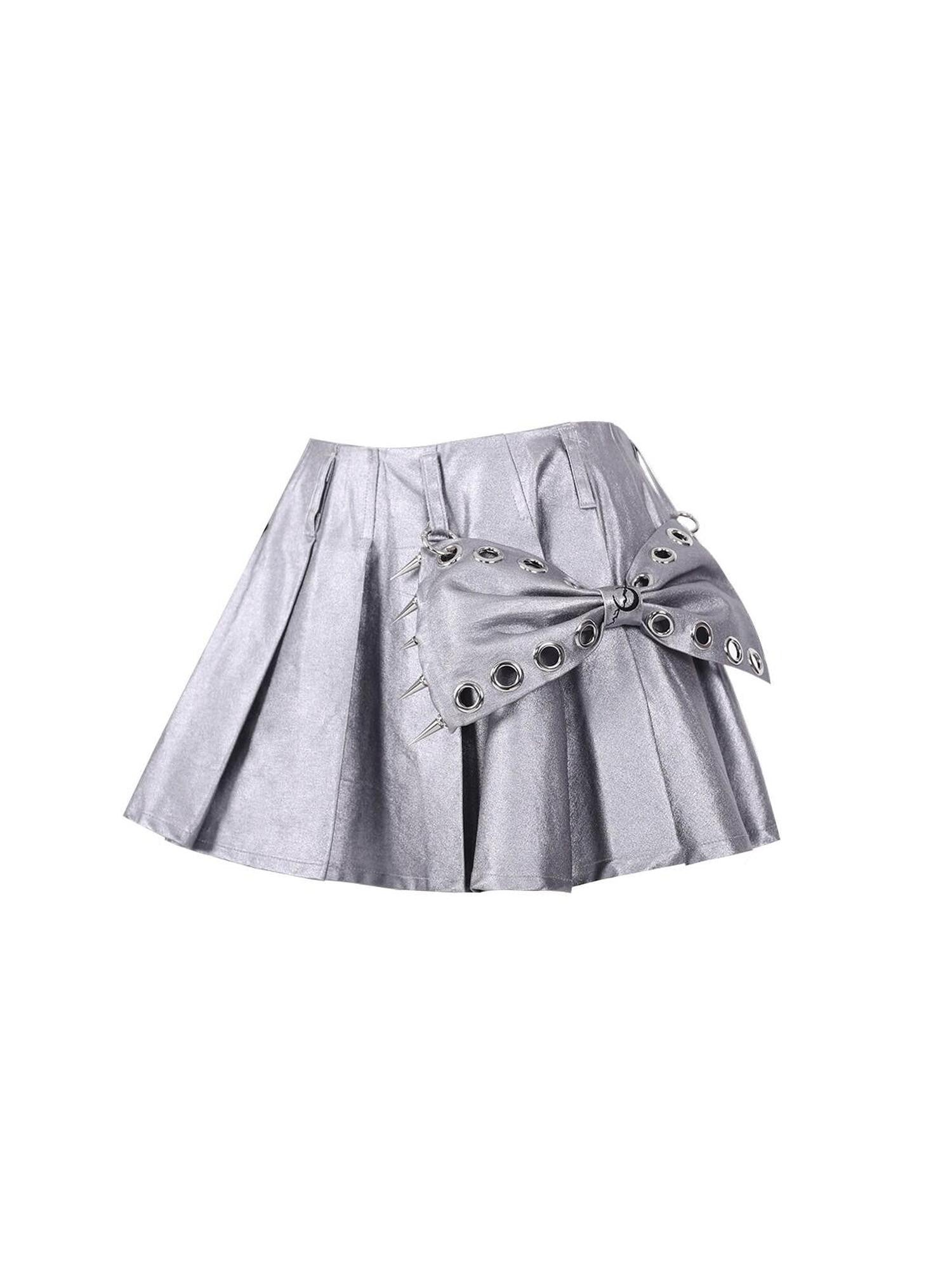 PINKSPINK Silver Metallic Studded Bow Pleated Mid Waist Punk Women's Cotton Mini Skirts